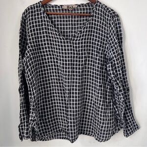 Flax Women's Black and White Grid Blouse 100% Linen Medium